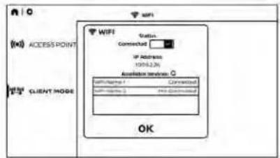 ACCESS POINT CLIENT MODE WIFI Status Connected IP Address 1006236 Application Services: ServiceName 1 Connected ServiceName 2 Info Connected OK