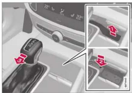 Car gear shift control panel with red directional arrows and labeled buttons