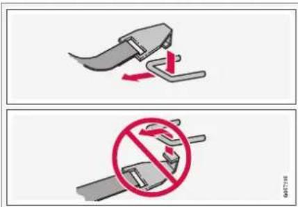 Diagram showing two safety instructions: one for adjusting a seatbelt with a red arrow, and another for prohibiting the seatbelt without using a red circle.