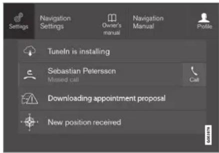 Settings Navigation Settings Owner's manual Navigation Manual Profile Tuneln is installing Sebastian Petersson Missed call Call Downloading appointment proposal New position received