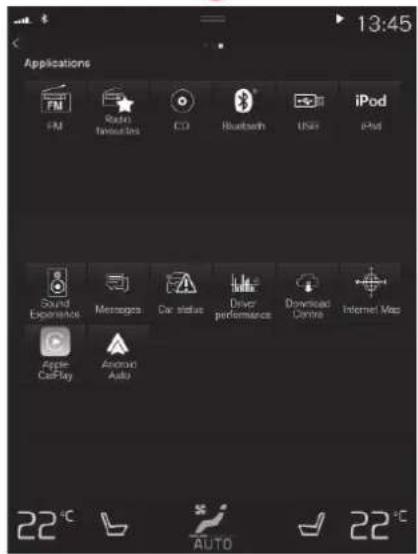 Applications FM Radio frequencies CD Bluetooth USB iPod Sound Experience Messages Car status Driver performance Downloaded Centre Internet Map Airpay CarPlay Android Auto 22°C AUTO 22°C