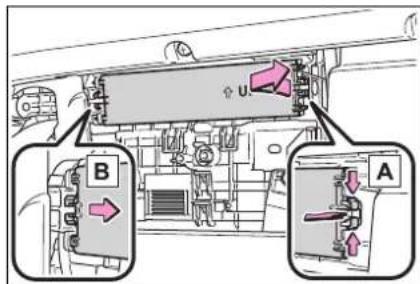 Diagram of a vehicle interior with labeled components A and B, showing directional arrows and a valve mechanism.