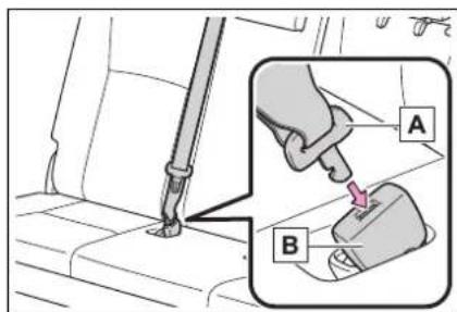 Diagram showing car seatbelt adjustment with labeled parts A and B, including a pencil inserted into the seat.
