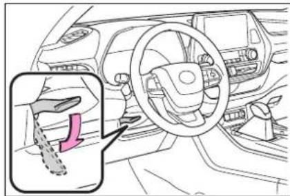 Diagram of car interior with hand cursor pointing to steering wheel, showing dashboard and steering wheel (no text or symbols)
