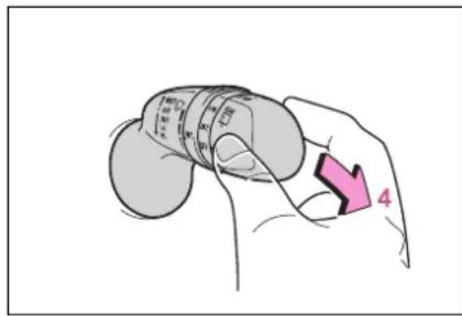 Diagram showing a hand holding a cylindrical device with labeled parts and a pink arrow pointing to part number 4