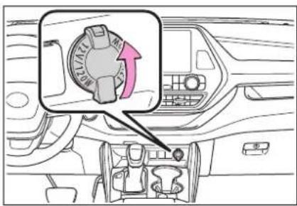Diagram of car interior showing dashboard and steering wheel with directional arrow indicating rotation