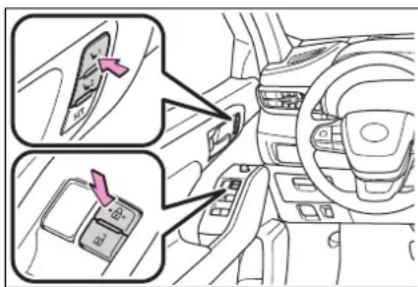 Diagram showing car interior control panel with directional arrows and labeled buttons, likely illustrating vehicle mode or navigation.
