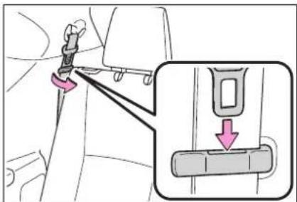 Diagram showing car seatbelt buckle adjustment with magnified detail view