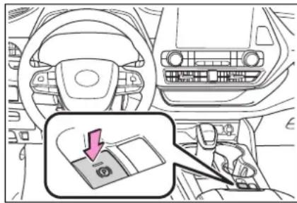 Diagram of car interior showing dashboard, steering wheel, and gear shift with a directional arrow indicating press or mode.