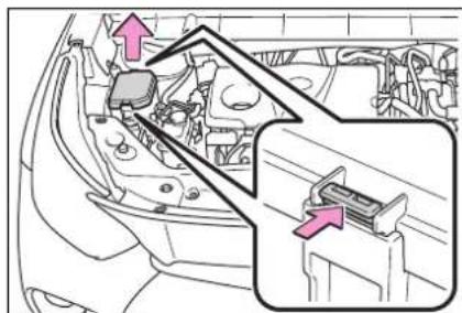 Diagram of car engine compartment with labeled parts and directional arrows indicating movement or assembly