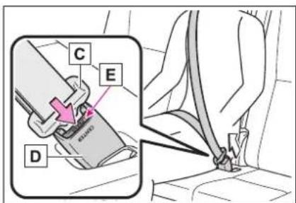 Diagram showing car seatbelt buckle assembly with labeled parts C, D, and E, including a highlighted cable switch.
