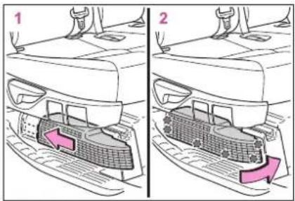 Diagram showing two views of a car interior with labeled parts and directional arrows indicating movement or change.