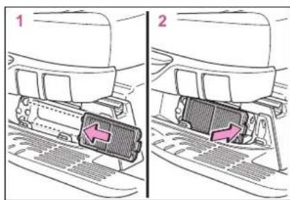 Diagram showing two views of a vehicle's rear intake device, labeled 1 and 2 with directional arrows indicating movement.