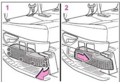 Diagram showing two views of a car front panel with labeled parts and highlighted areas
