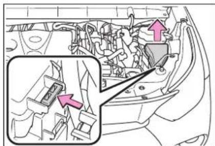 Diagram of car engine compartment with highlighted valve positions and directional arrows indicating movement or assembly.