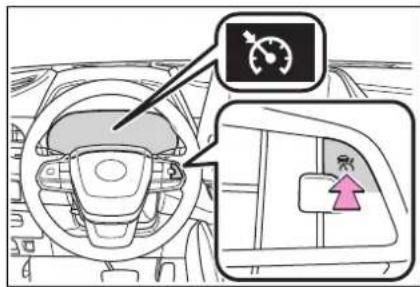 Diagram showing car interior with steering wheel, speedometer, and directional control panel with a pink arrow indicating direction.