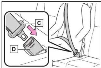Diagram showing a car seatbelt buckle assembly with labeled parts C, D, and a red arrow indicating a specific component.