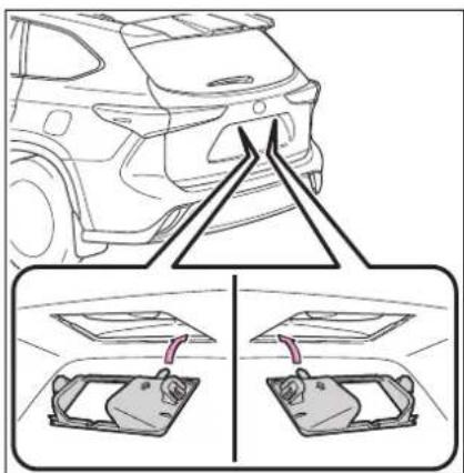 Diagram showing car front view and rear view of a vehicle with labeled components, including a triangular guide and two side-view views.