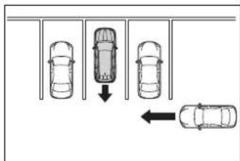 Diagram showing parking lot arrangement with three cars and one car, indicating direction of movement or parking.