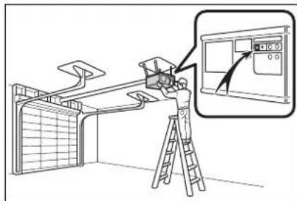 Diagram showing a person using a camera to interact with a wall-mounted device, with an inset magnified view highlighting the screen control.