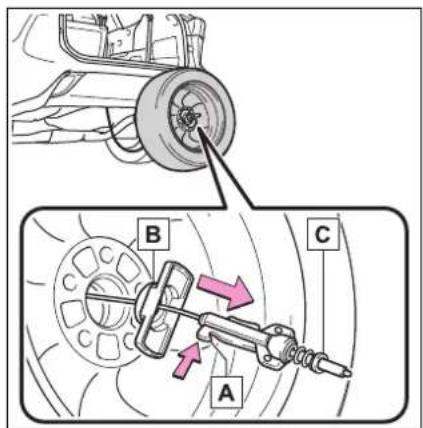 Technical diagram showing mechanical assembly with labeled parts A, B, and C, including a wheel and spring mechanism.