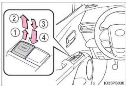 Diagram showing car seatbelt switch mechanism with numbered arrows indicating direction and a magnified inset of the device.