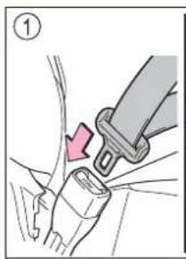 Diagram showing a car seatbelt buckle being adjusted to a seatbelt, with a red arrow indicating the adjustment.