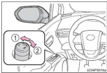 Diagram showing car interior with a gear shift and directional arrow, labeled with parts ① and ②