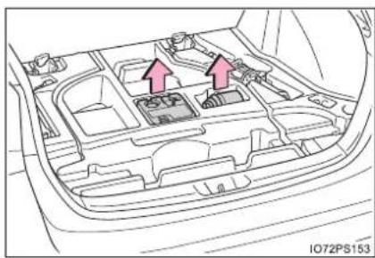 Diagram of a car interior with highlighted components and two pink arrows indicating specific areas.