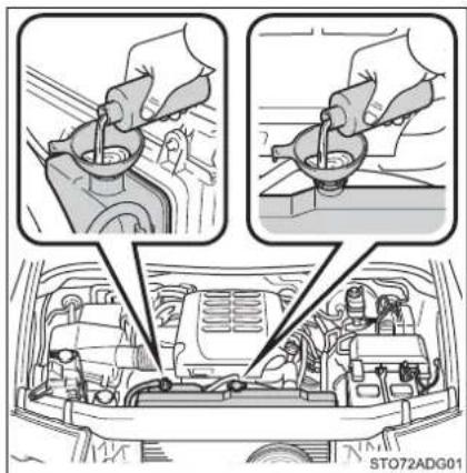 Diagram showing engine maintenance steps with hand positions and engine compartment views