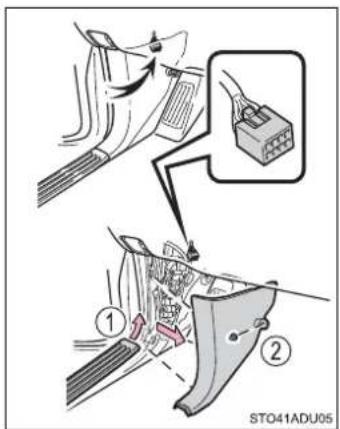 Diagram illustrating car safety instructions with labeled steps and a close-up of the plug-in connector