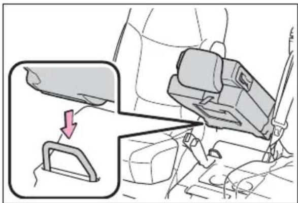 Diagram showing car seatbelt adjustment with magnified view of seatbelt switch mechanism