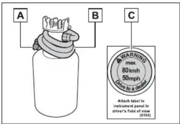A B C WARNING max. 80 km/h 50mph Drive to a dealer Attach label to instrument panel in driver's field of view (5193)