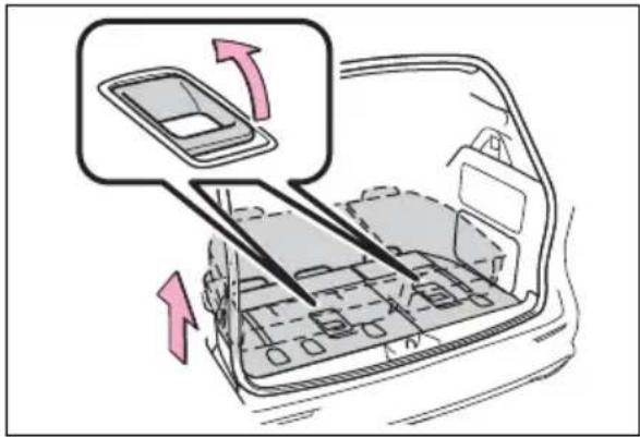 Diagram showing car rear panel with highlighted component and directional arrows indicating movement or assembly.
