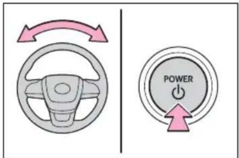 Diagram showing steering wheel and power button with directional arrows, likely illustrating vehicle control or navigation system.