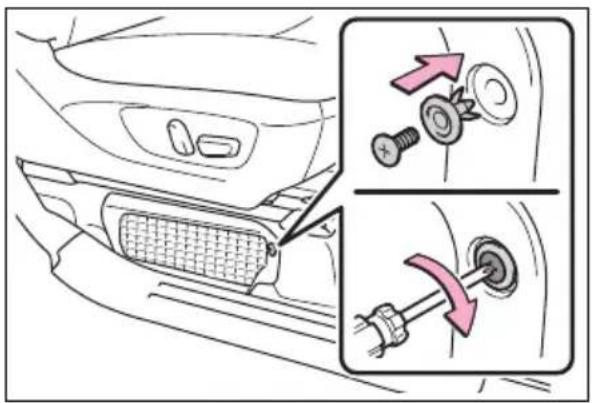 Diagram illustrating car door and seat assembly with two views showing bolt changes and adjustment arrows