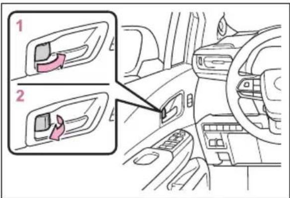Diagram showing car interior with two labeled compartments and a hand pointing to the lower compartment, likely illustrating a door or seat design.