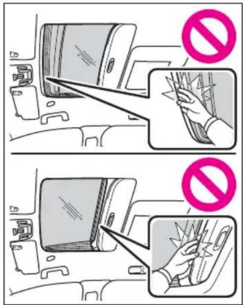 Diagram illustrating smartphone seatbelt usage with no stop symbols and magnified views showing hand positioning and stressors.