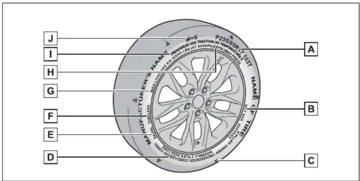 J I H G F E D M+S P235/65R1X 103T HEADWEAR JOX TRACTION XX TEMPERATURE X 103T NAME TMID NO. KG XXX LRS IAT XXXKPAOXXPS MAX PRESS MANUFACTURER'S NAME TYPE PUPLES UNDER TREADYXXXX COBHYSTXX CABB MEAN TUBEFLIS A B C