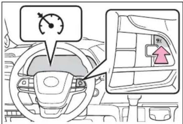 Diagram showing car interior and dashboard with speedometer and navigation panel, including a speed limit icon and directional arrow.