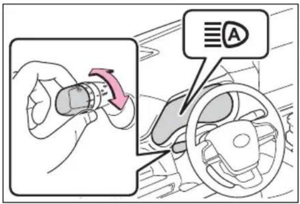 Diagram showing car steering wheel and steering wheel with a directional arrow indicating rotation, accompanied by a speech bubble labeled 'A'.