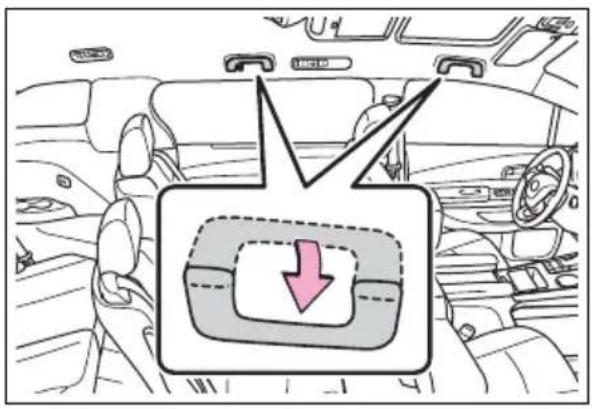 Diagram showing car interior with a highlighted vehicle and directional arrows, including a pink downward arrow indicating flow or movement.