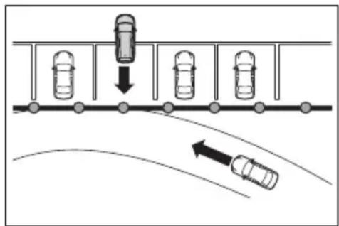 Diagram showing car parking lanes with downward and upward arrows indicating movement or change in lane markings