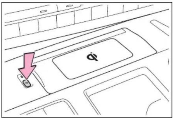 Diagram showing a car interior with a highlighted parking area marked 'q' and a pink downward arrow pointing to it.