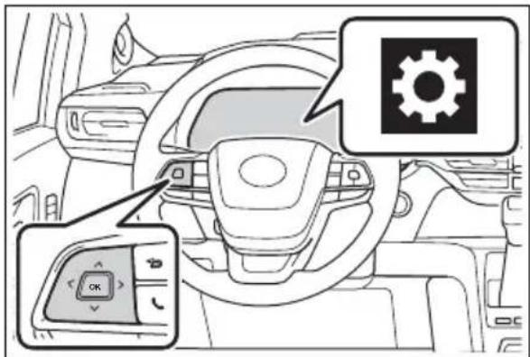 Diagram of car interior showing steering wheel, gear icon, and control panel with 'OK' button