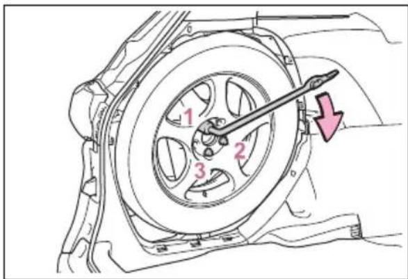 Technical diagram of a car wheel assembly with numbered components and a red arrow indicating a specific part.