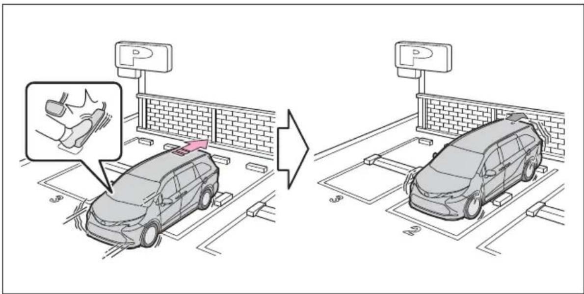 Diagram illustrating parking garage parking system change, showing vehicle movement and safety instructions with magnified detail.