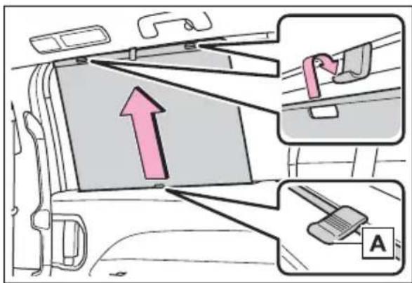 Diagram showing car interior with directional arrows and labeled parts, including a pink arrow pointing upward and a magnified inset of a device.