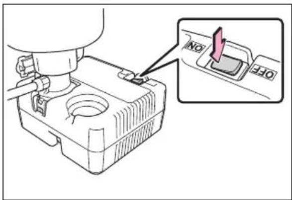 Technical diagram showing a mechanical component with an inset highlighting a button labeled 'OFF' and 'NO'.