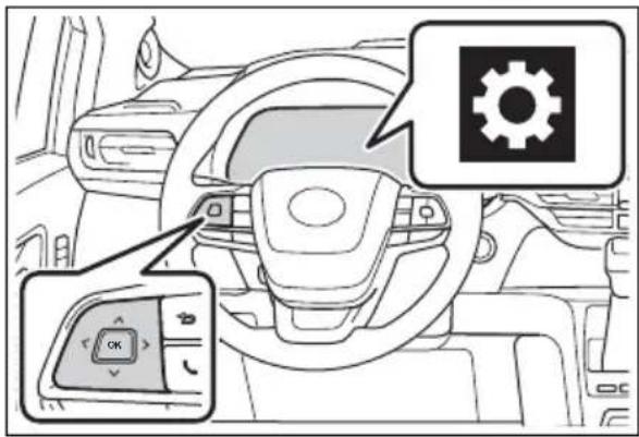 Diagram of car interior showing steering wheel, gear icon, and control panel with 'OK' button